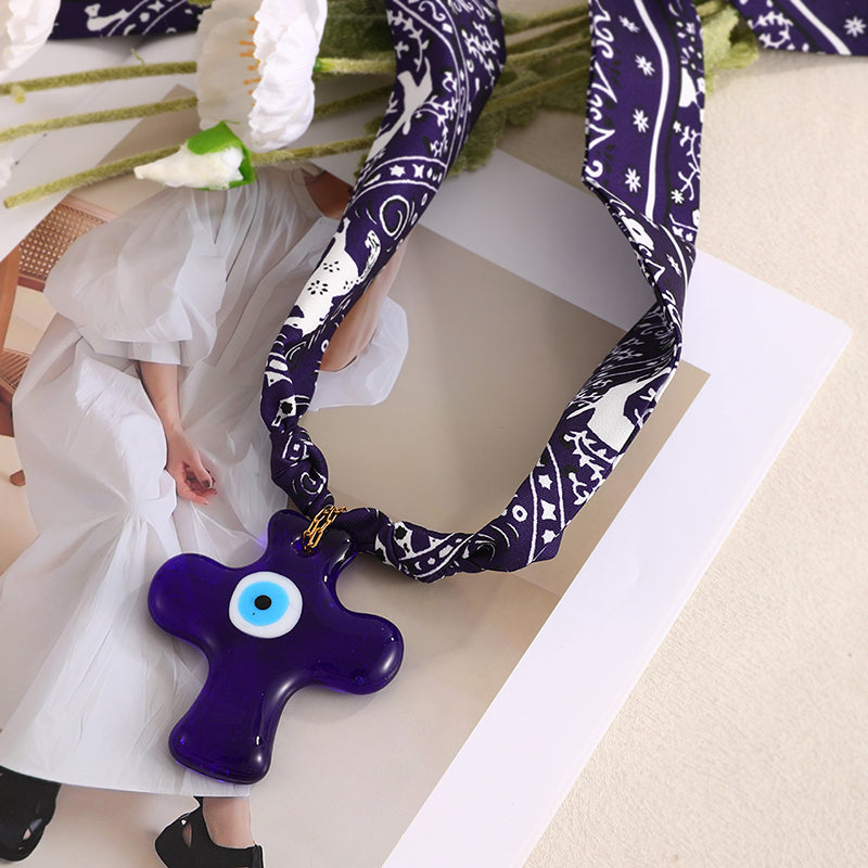 Dark Blue Resin Cross Eye Print Fabric Necklace