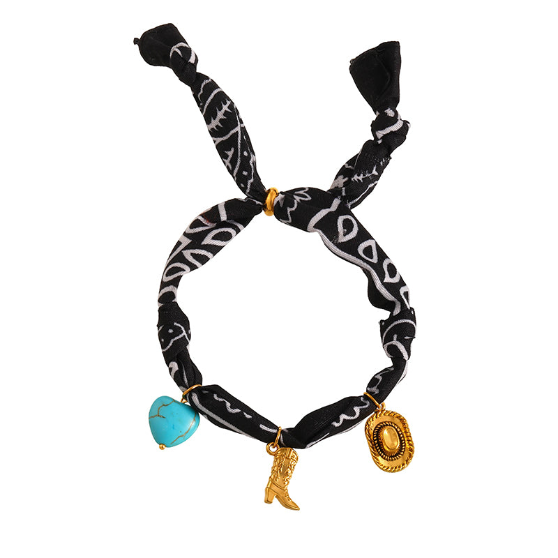 Dark Brown Titanium Steel Western Cowboy Series Heart Turquoise Print Fabric Bracelet