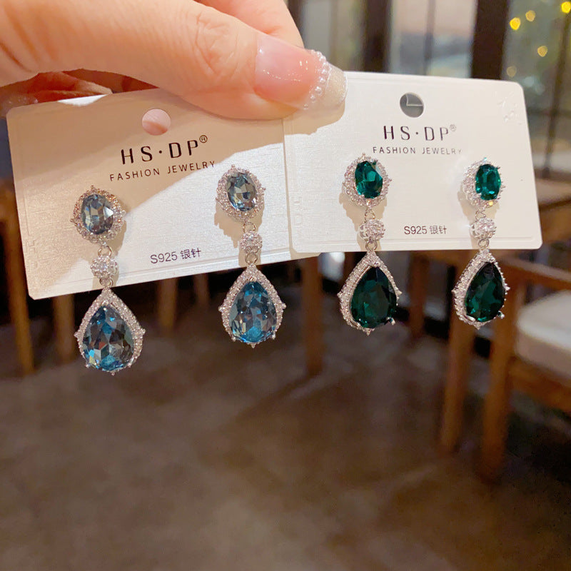 Dark Green Zircon Teardrop Tassel Earrings (thickened With Real Gold Plating) Copper Teardrop Earrings