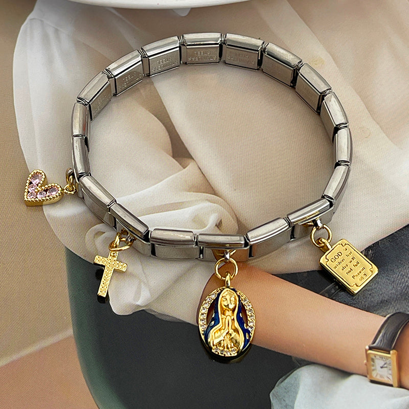 Dark blue Religious Series Titanium Steel Square Modular Bracelet With Zirconium Inlay Oil Drop