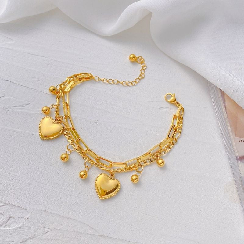 Double Heart Bracelet Gold Titanium Steel Double Heart Bracelet