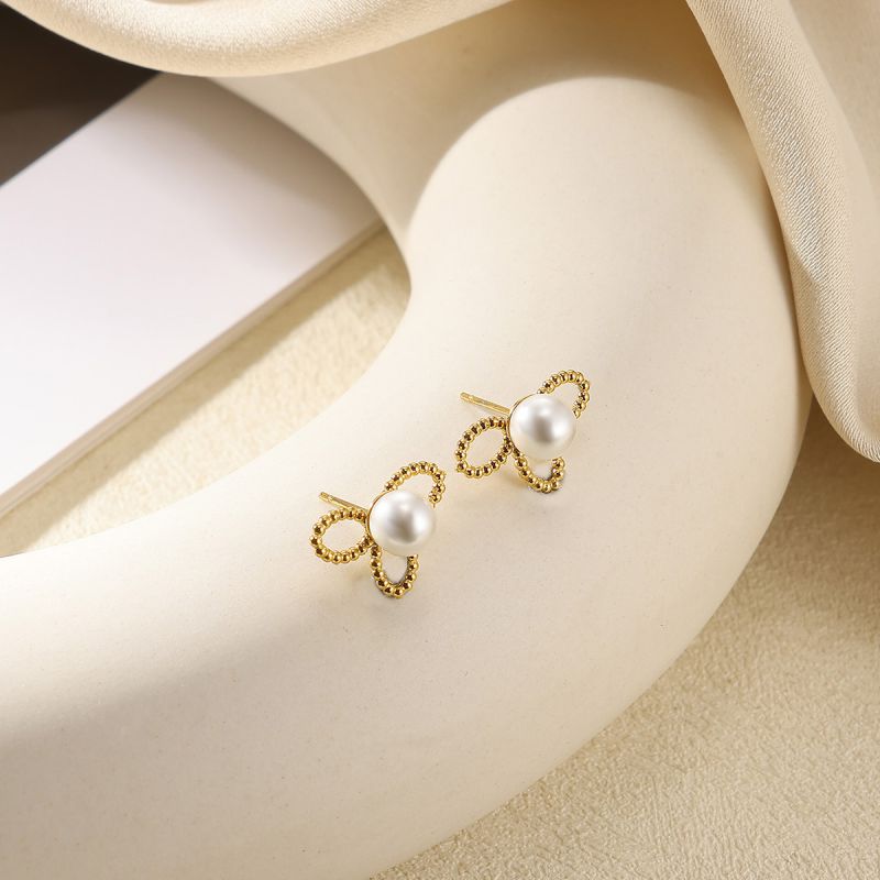 Earring 1# Stainless Steel Brushed Bow Pearl Earrings