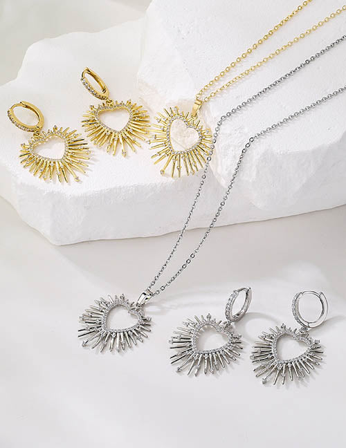 Fashion 1 Pair Of Golden White Diamond Earrings Brass Inset Zirconium Spiked Heart Earrings