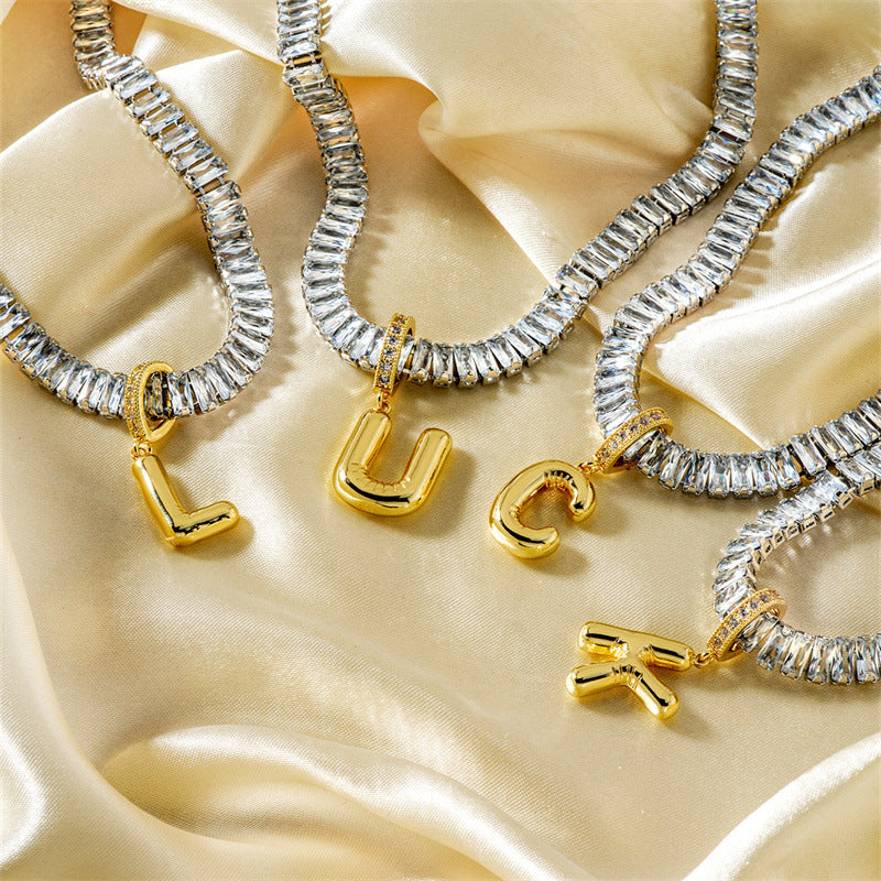 Fashion A Copper Gold-plated Rectangular Zirconium 26 Letter Necklace