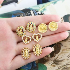 Fashion A Copper Inlaid Zirconium Virgin Mary Oval Stud Earrings