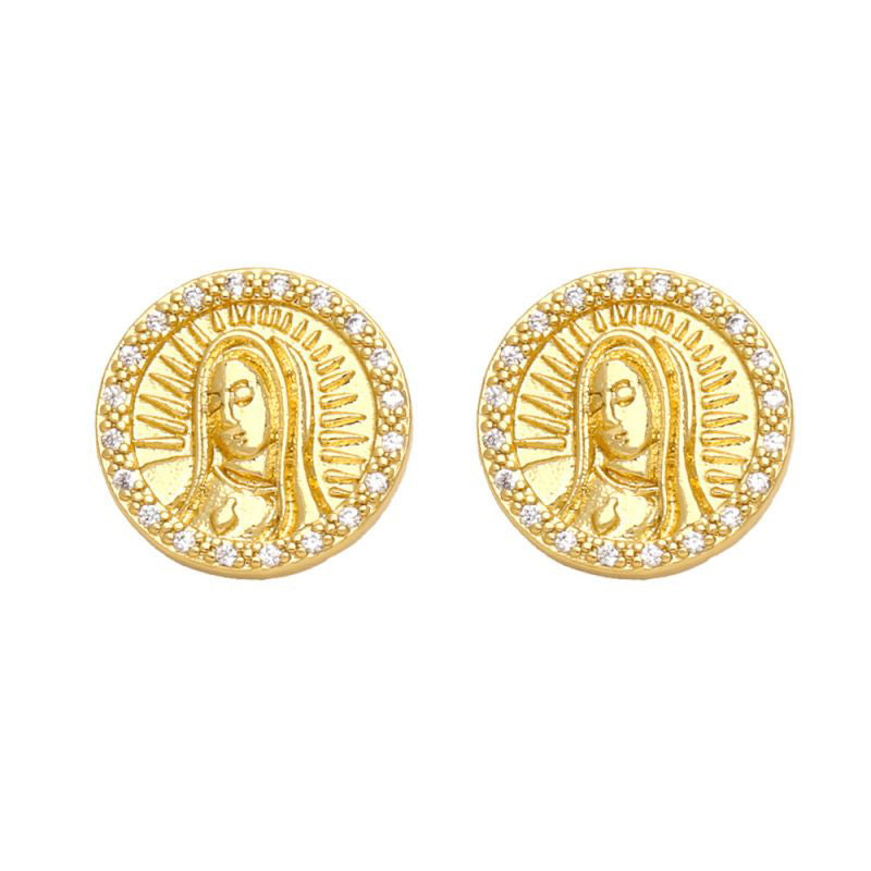 Fashion A Copper Inlaid Zirconium Virgin Mary Oval Stud Earrings