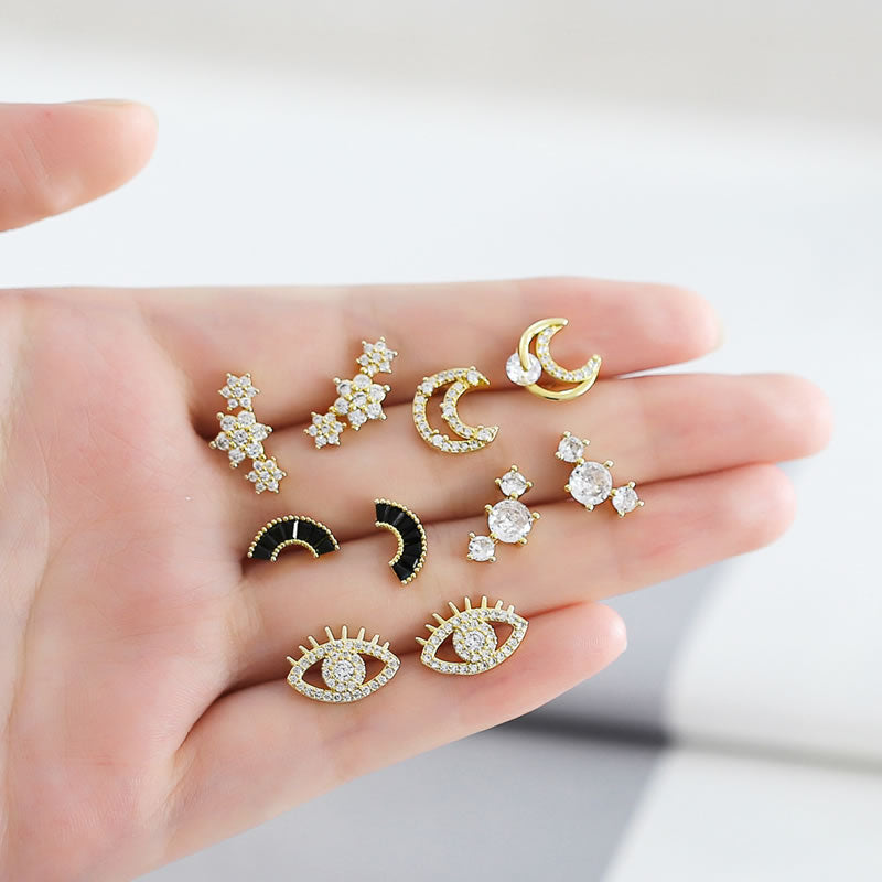 Fashion C Zirconia Star And Moon Stud Earrings In Copper