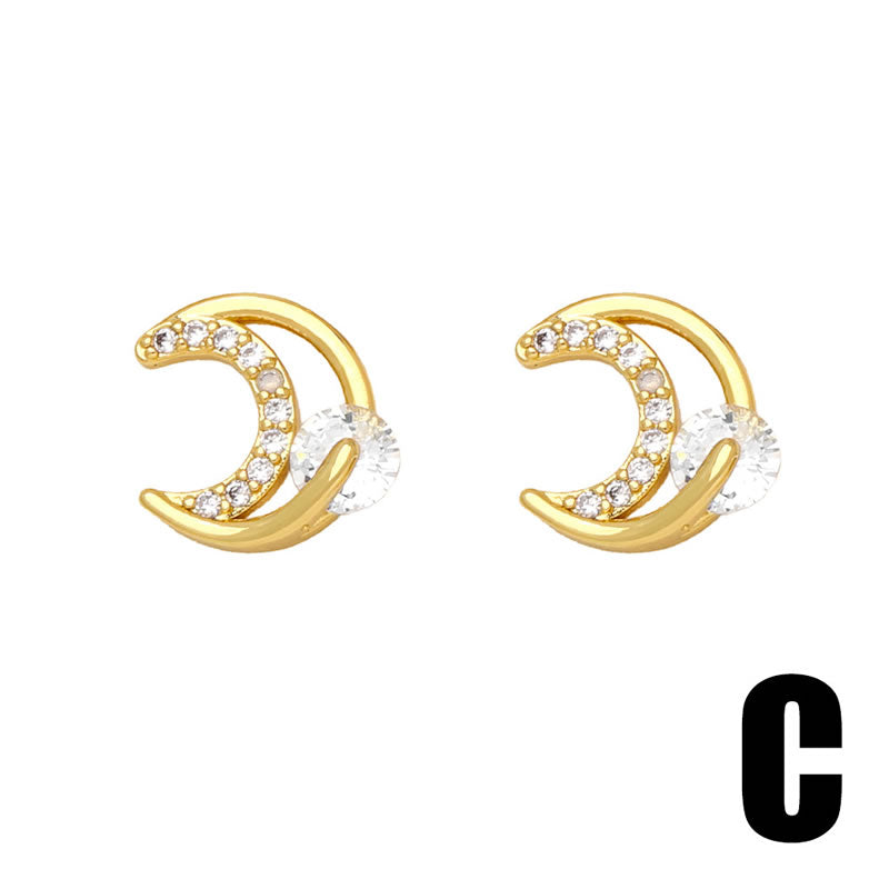 Fashion C Zirconia Star And Moon Stud Earrings In Copper