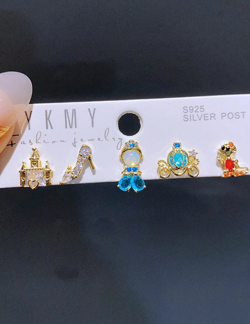 Fashion Cinderella Copper Paved Zirconia Princess Heels Castle Earring Set