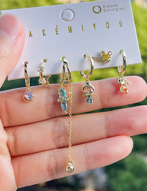 Fashion Color Copper Inlaid Zircon Cartoon Character Pendant Tassel Chain Earrings Set Of 6