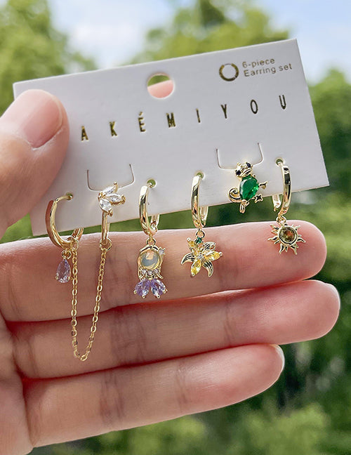 Fashion Color Copper Inlaid Zircon Flower Girls Chain Pendant Earrings Set Of 6