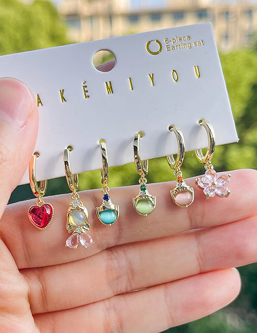 Fashion Color Copper Inlaid Zircon Love Girl Flower Stud Earrings Set Of 6