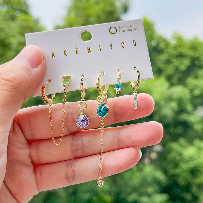 Fashion Color Copper Inlaid Zircon Swan Pendant Chain Earrings Set Of 6