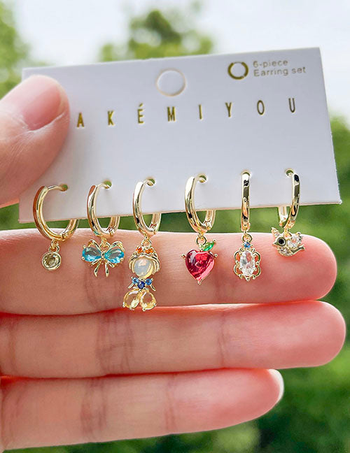 Fashion Color Set Of 6 Copper Inlaid Zircon Bow Princess Pendant Earrings