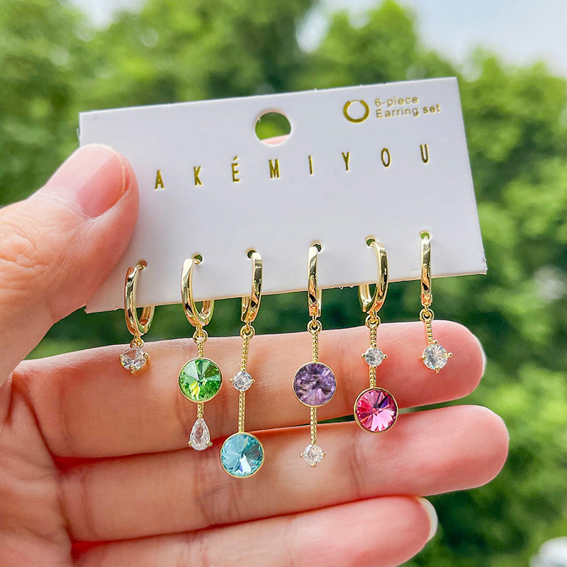 Fashion Color Set Of 6 Copper Inlaid Zircon Irregular Round Pendant Earrings