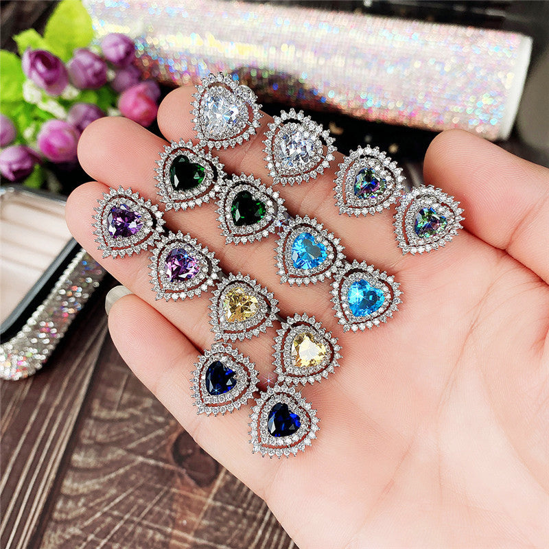 Fashion Colorful Brass And Diamond Heart Stud Earrings