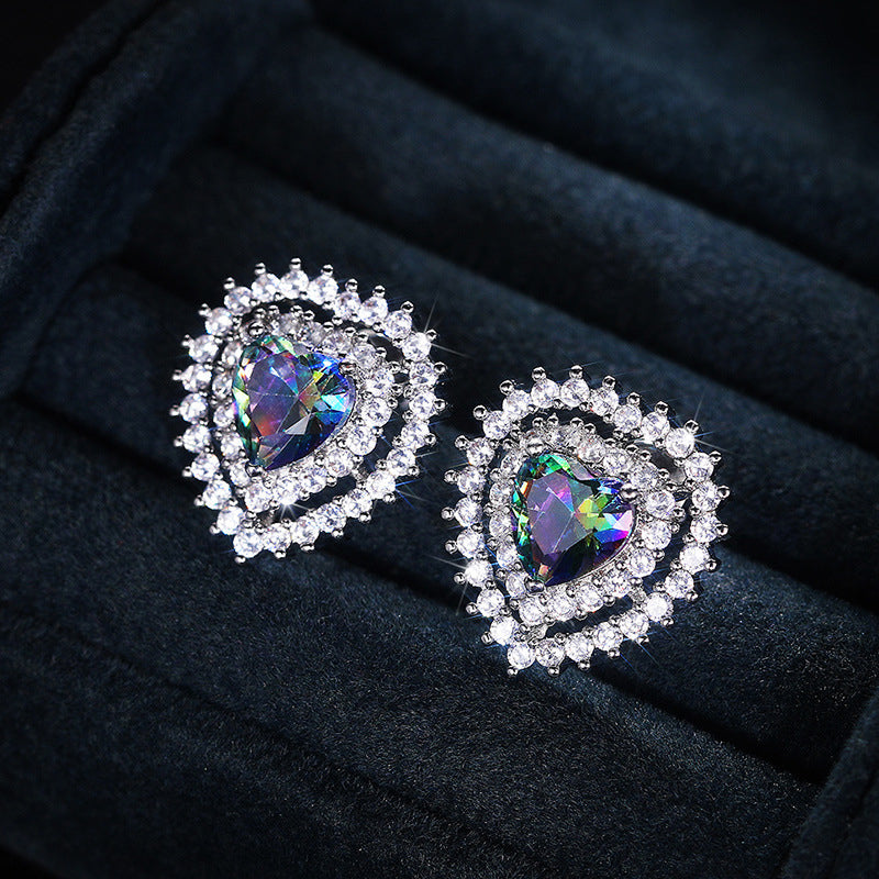 Fashion Colorful Brass And Diamond Heart Stud Earrings