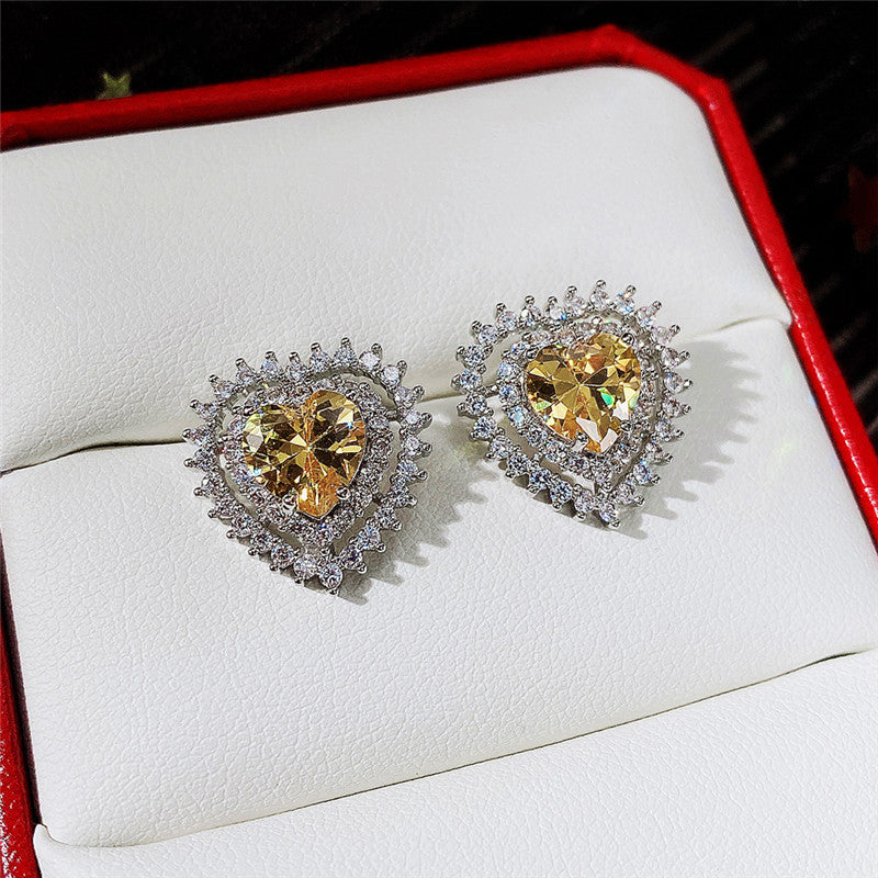 Fashion Colorful Brass And Diamond Heart Stud Earrings