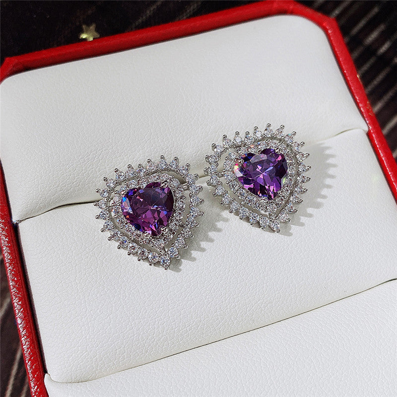 Fashion Colorful Brass And Diamond Heart Stud Earrings