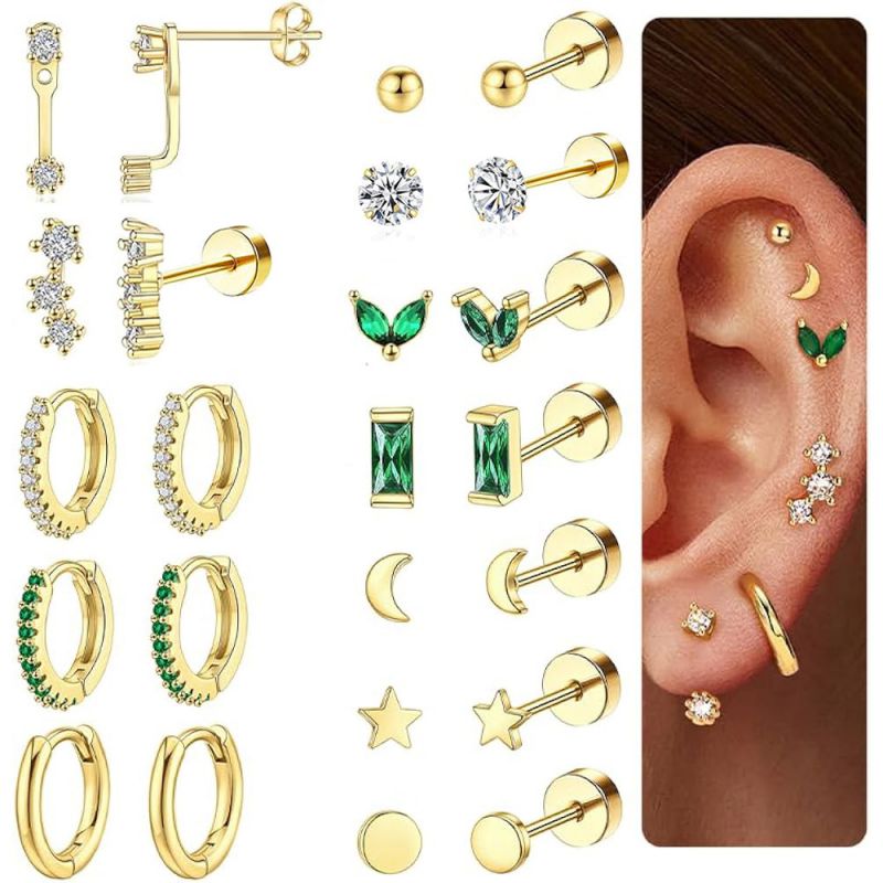 Fashion Gold 24pcs Per Set Stainless Steel Geometric Earring Set With Diamonds