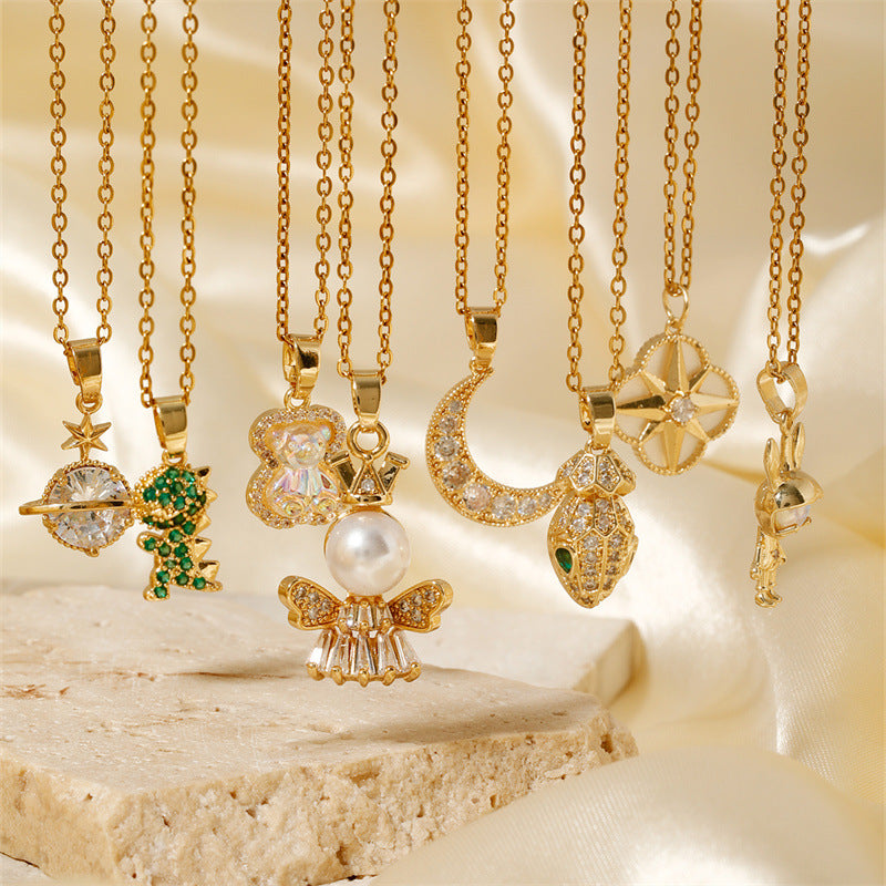 Fashion Gold - 3 Stainless Steel Dinosaur Necklace With Zirconium