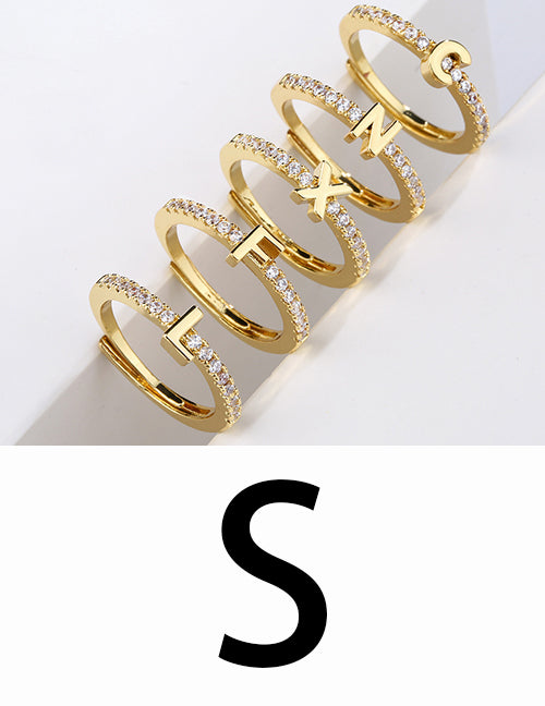 Fashion Gold A Brass Diamond 26 Letter Open Ring