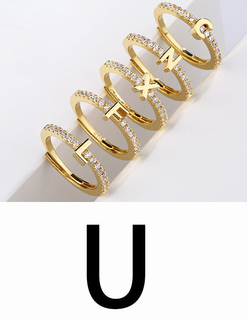 Fashion Gold A Brass Diamond 26 Letter Open Ring