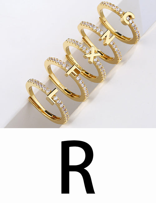 Fashion Gold A Brass Diamond 26 Letter Open Ring