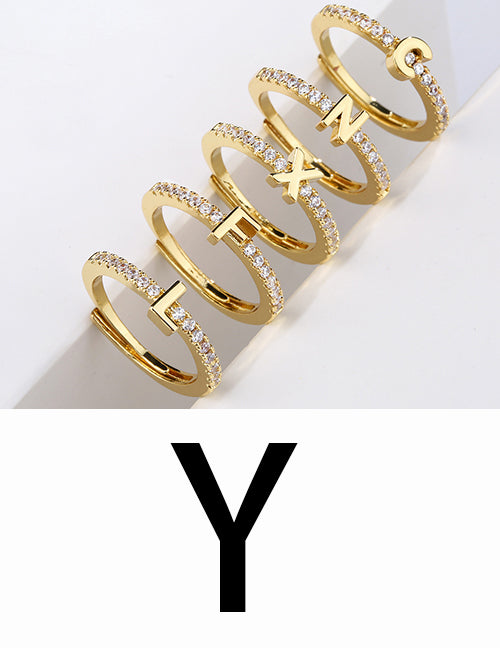 Fashion Gold A Brass Diamond 26 Letter Open Ring