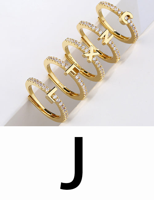 Fashion Gold A Brass Diamond 26 Letter Open Ring