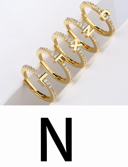 Fashion Gold A Brass Diamond 26 Letter Open Ring