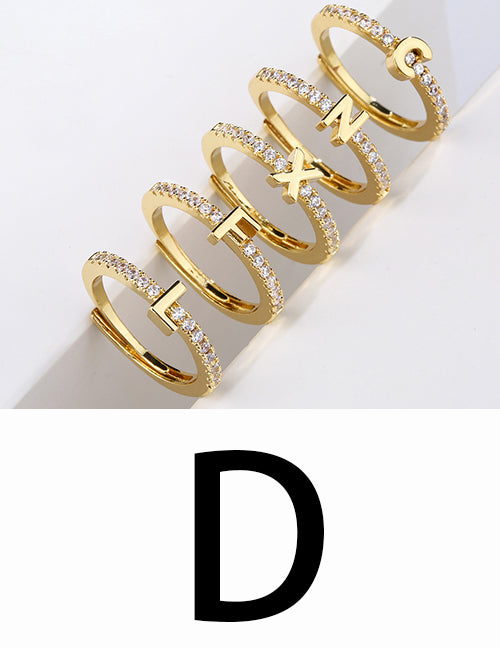Fashion Gold A Brass Diamond 26 Letter Open Ring