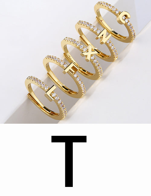 Fashion Gold A Brass Diamond 26 Letter Open Ring