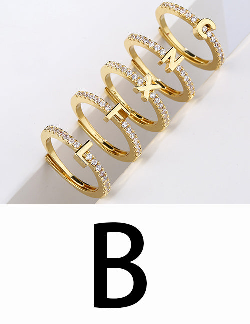 Fashion Gold A Brass Diamond 26 Letter Open Ring