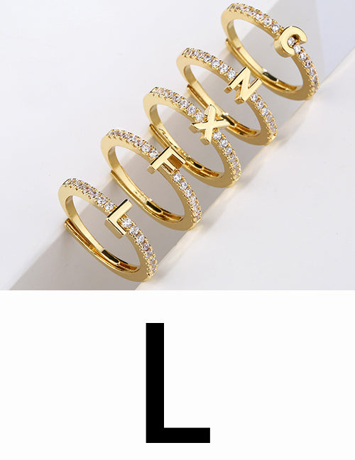 Fashion Gold A Brass Diamond 26 Letter Open Ring