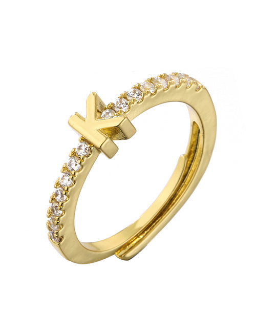 Fashion Gold A Brass Diamond 26 Letter Open Ring