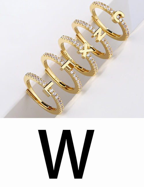 Fashion Gold A Brass Diamond 26 Letter Open Ring