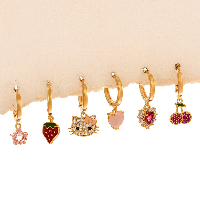 Fashion Gold Copper Inlaid Zircon Cartoon Oil Drop Pendant Earring Set Of 6 Pieces
