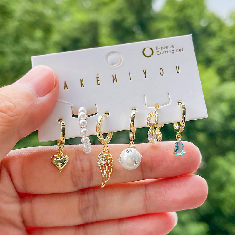 Fashion Gold Copper Inlaid Zircon Pearl Heart Feather Pendant Earrings Set Of 6