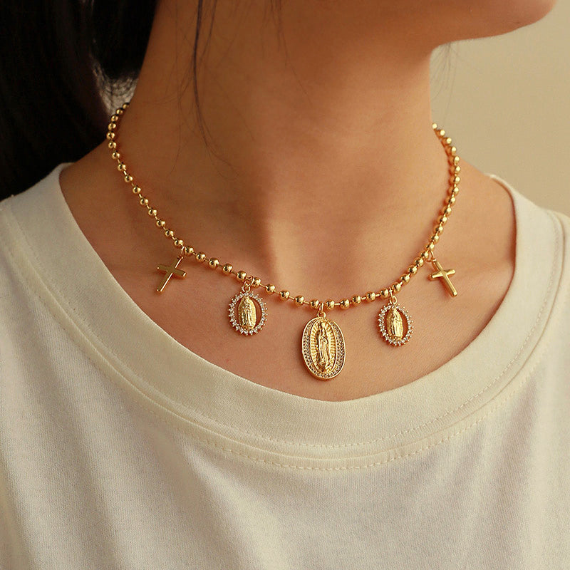Fashion Gold Copper Inlaid Zircon Portrait Cross Pendant Bead Necklace (3mm)