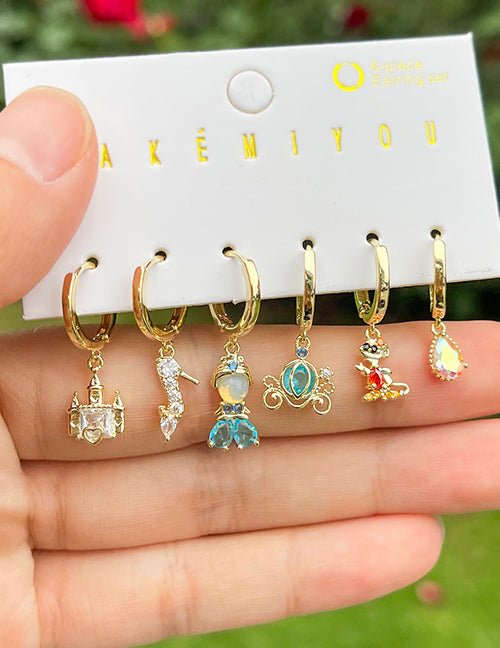 Fashion Gold Copper Paved Zirconia Castle Heels Princess Pumpkin Cart Earring Set