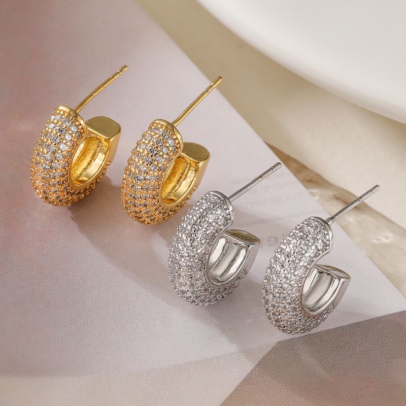 Fashion Gold Gold-plated Copper C-shaped Earrings With Zirconium