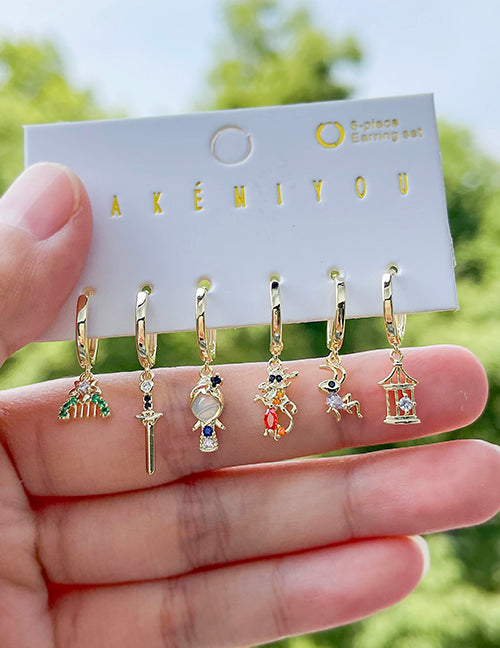 Fashion Gold Set Of 6 Copper Inlaid Zircon Cartoon Character Pendant Earrings