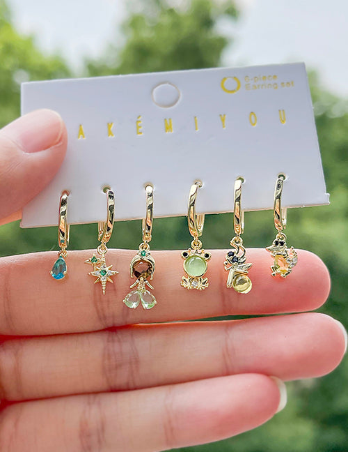 Fashion Gold Set Of 6 Copper Inlaid Zircon Princess Heart Pendant Earrings