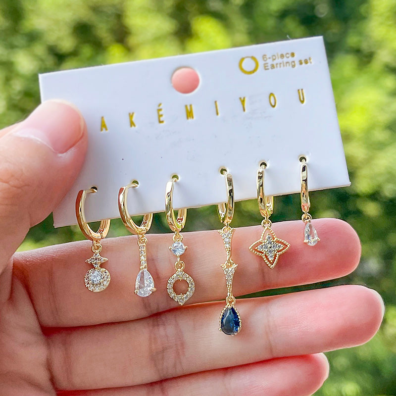 Fashion Gold Set Of 6 Copper Inlaid Zircon Water Drop Flower Pendant Earrings