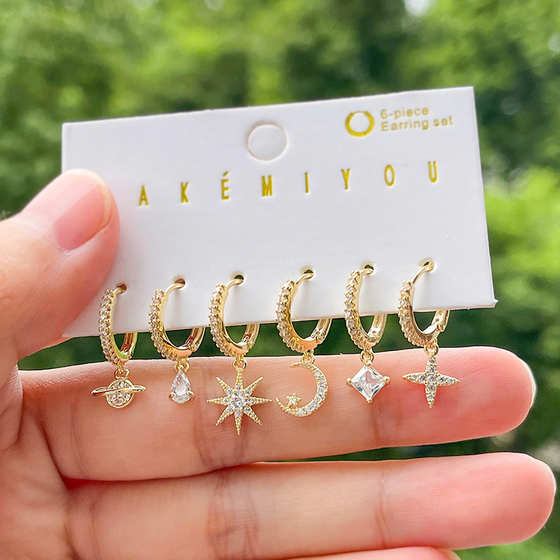 Fashion Gold Set Of 6 Copper Inlaid Zirconia Starburst Crescent Pendant Earrings