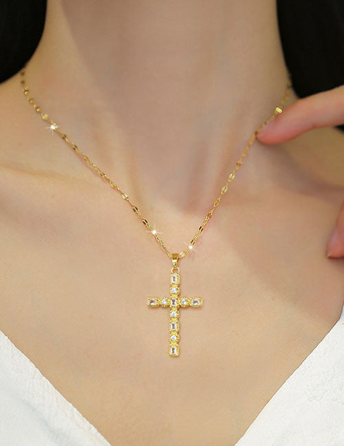 Fashion Gold Titanium Steel Diamond Cross Necklace