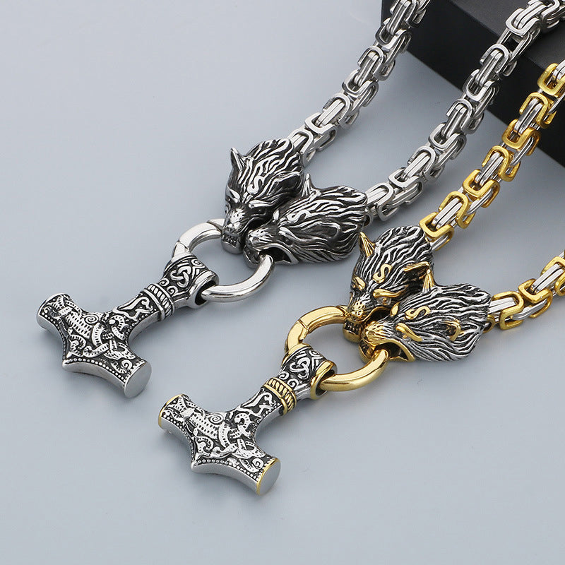 Fashion Gold Titanium Steel Geometric Wolf Head Hammer Men's Necklace