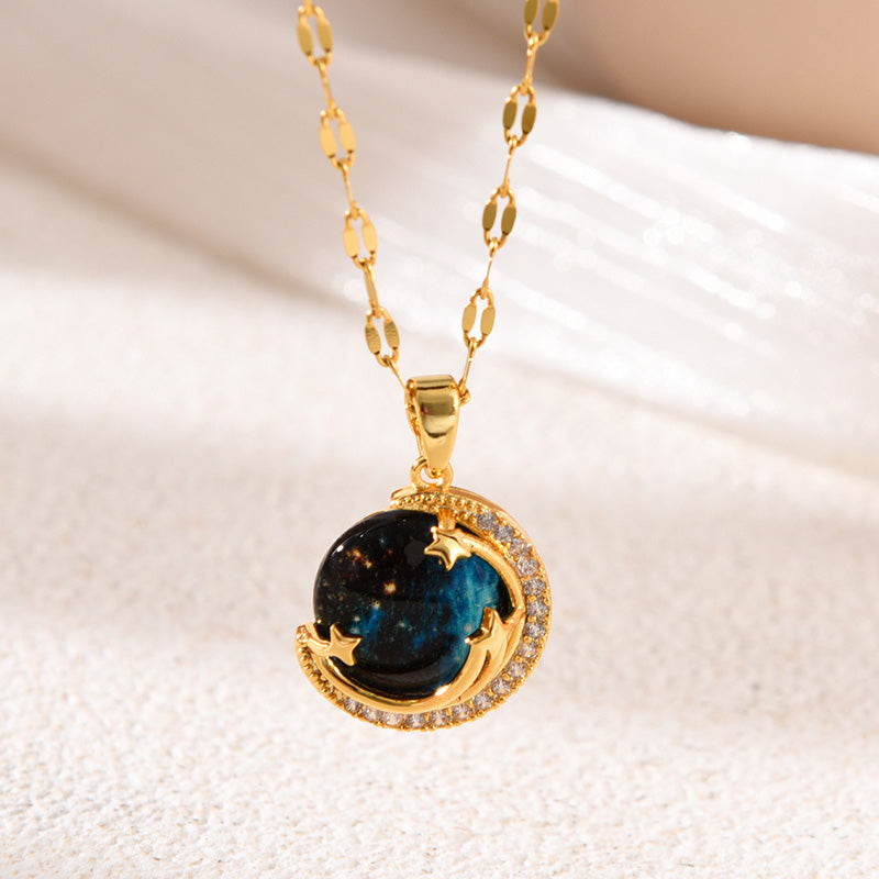 Fashion Gold Titanium Steel Inlaid Zirconium Resin Planet Pendant Necklace