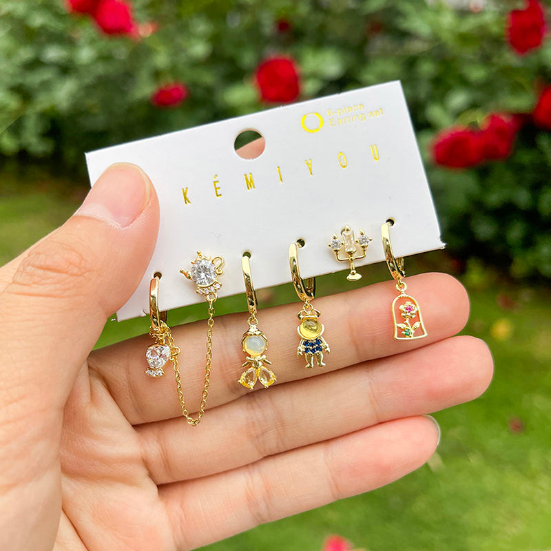 Fashion Gold Zirconia Geometric Kettle Candlestick Earring Set In Copper